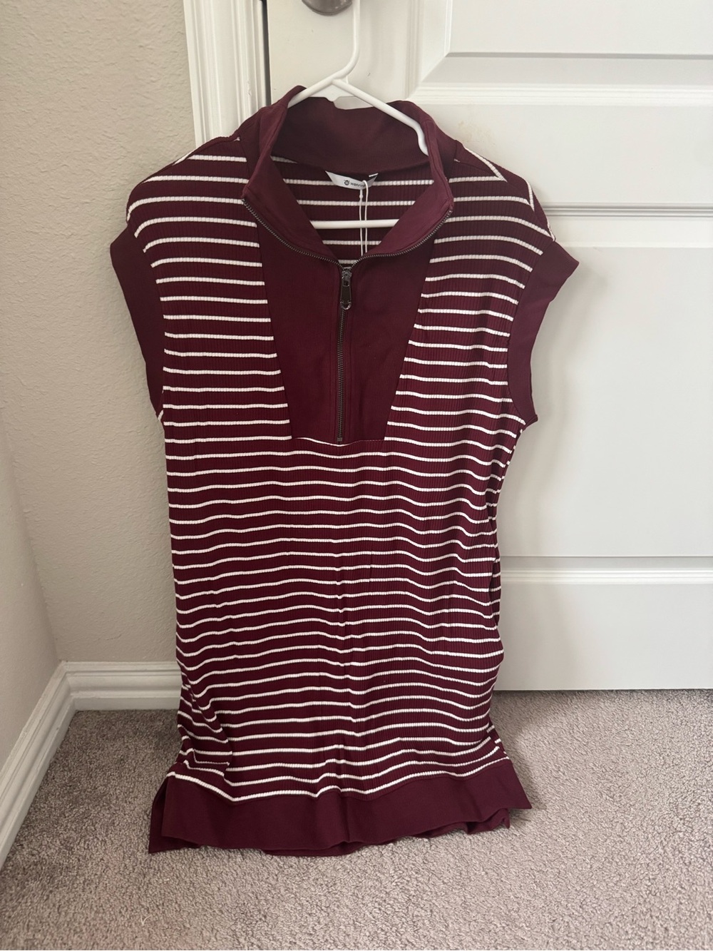 Amazon Women's Maroon and White Striped Zip-Neck Sleeveless Dress